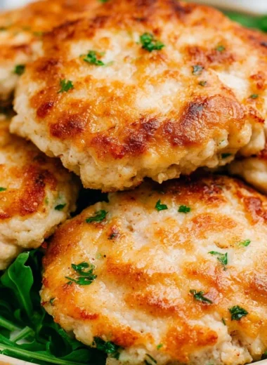Air fryer chicken patties served with dipping sauce on a plate