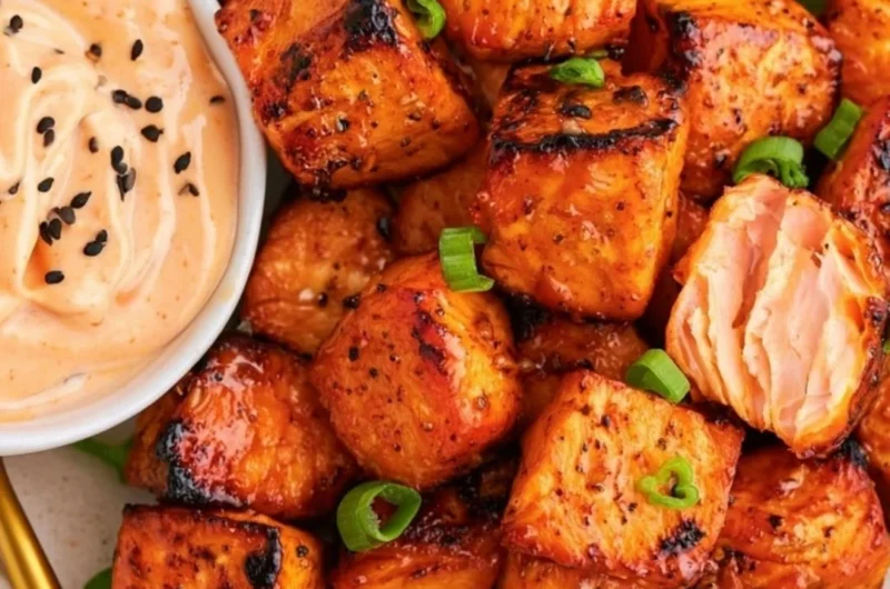 Air fryer salmon bites served with bang bang sauce on a plate