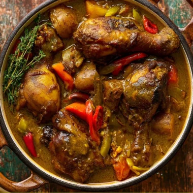 Plate of authentic Jamaican curry chicken with spices and herbs