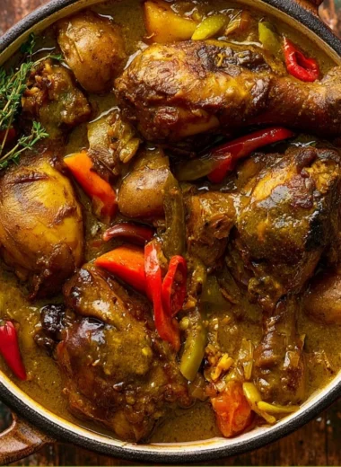 Plate of authentic Jamaican curry chicken with spices and herbs