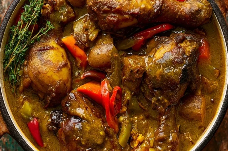 Plate of authentic Jamaican curry chicken with spices and herbs
