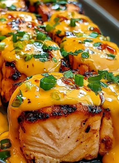 Delicious Bang Bang Salmon served with sauce and herbs for a quick meal.