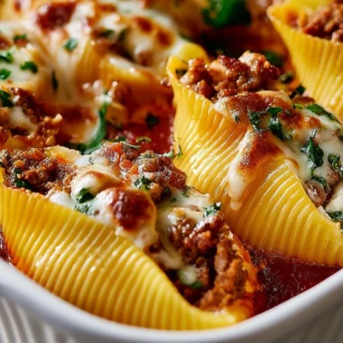 Delicious beef stuffed shells garnished with herbs, ready to serve