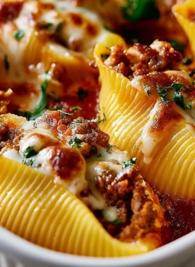 Delicious beef stuffed shells garnished with herbs, ready to serve