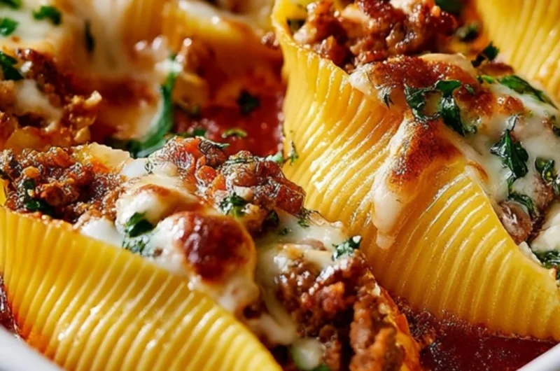 Delicious beef stuffed shells garnished with herbs, ready to serve
