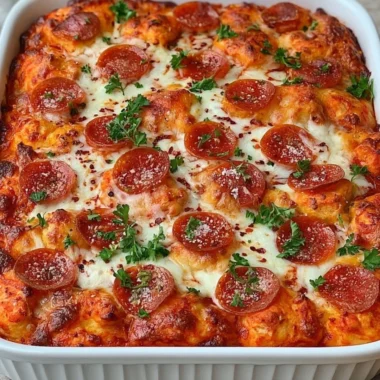 Delicious Bubble Up Biscuit Pizza Casserole topped with cheese and pepperoni.