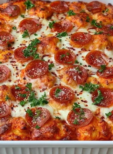 Delicious Bubble Up Biscuit Pizza Casserole topped with cheese and pepperoni.