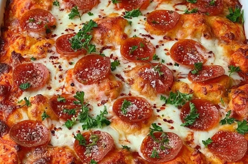 Delicious Bubble Up Biscuit Pizza Casserole topped with cheese and pepperoni.
