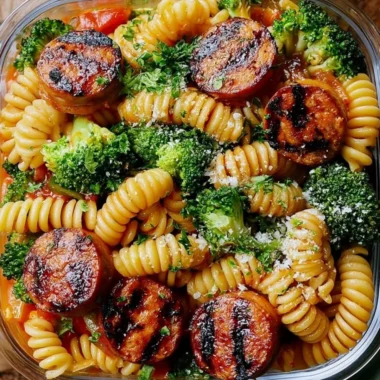 Chicken sausage pasta meal prep bowl with fresh vegetables and herbs