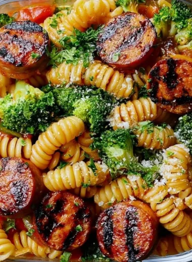 Chicken sausage pasta meal prep bowl with fresh vegetables and herbs