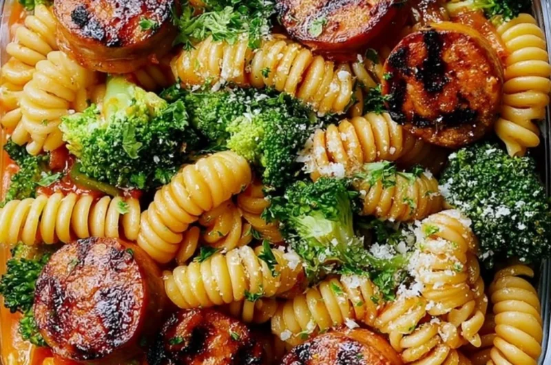 Chicken sausage pasta meal prep bowl with fresh vegetables and herbs