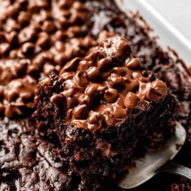 Delicious chocolate dump cake topped with chocolate frosting on a white plate.