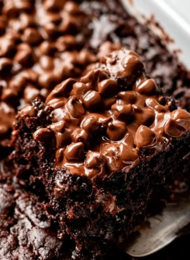 Delicious chocolate dump cake topped with chocolate frosting on a white plate.