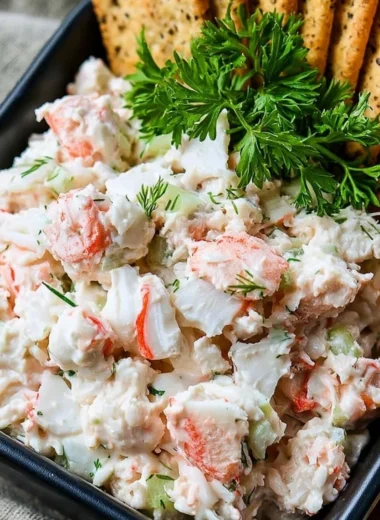 Delicious chunky cold crab dip served in a bowl with fresh herbs.