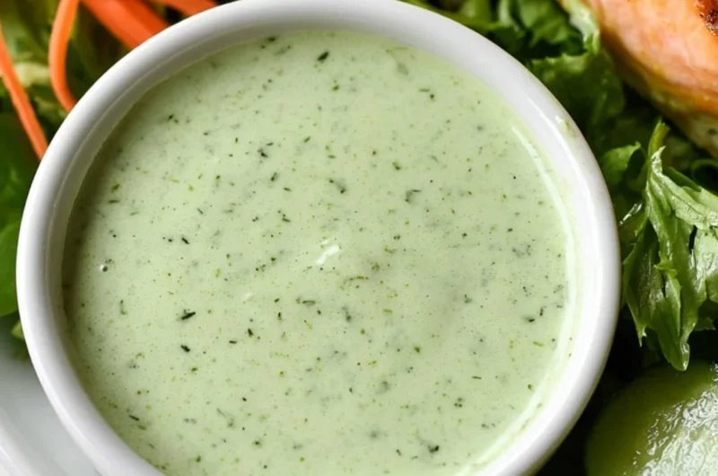Creamy basil dressing drizzled over a fresh salad, enhancing flavor and presentation.