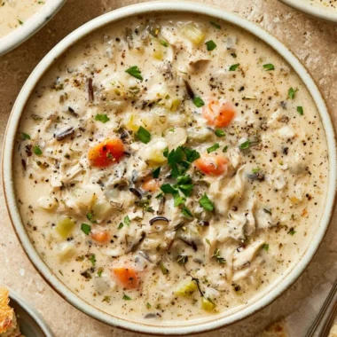 Creamy crockpot chicken wild rice soup in a bowl with herbs and crackers