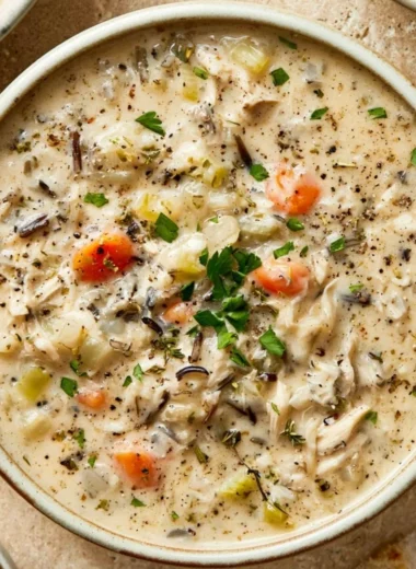 Creamy crockpot chicken wild rice soup in a bowl with herbs and crackers