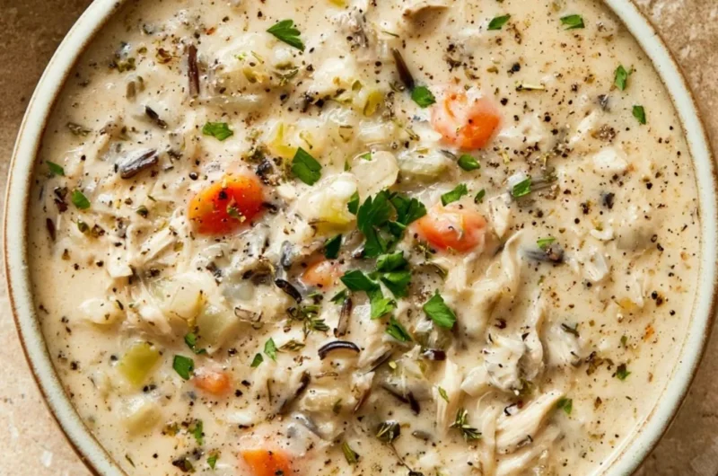 Creamy crockpot chicken wild rice soup in a bowl with herbs and crackers