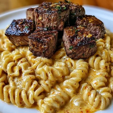 Creamy garlic butter steak bites with spicy Cajun Alfredo twisted pasta dish