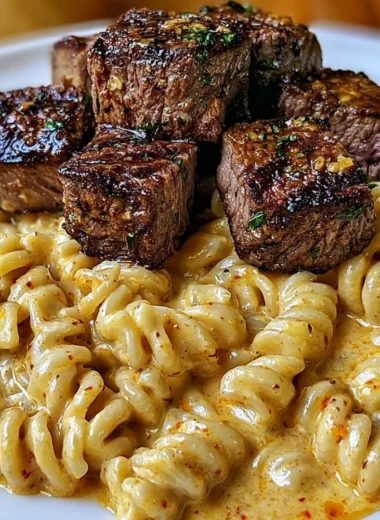 Creamy garlic butter steak bites with spicy Cajun Alfredo twisted pasta dish