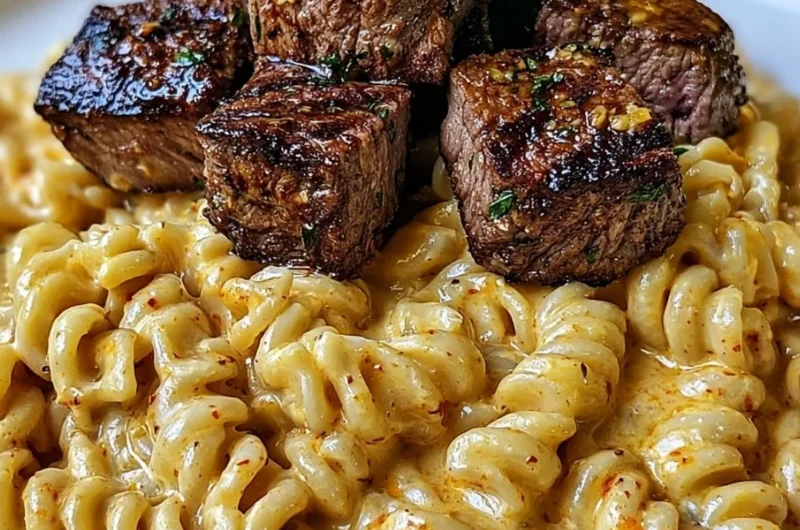 Creamy garlic butter steak bites with spicy Cajun Alfredo twisted pasta dish