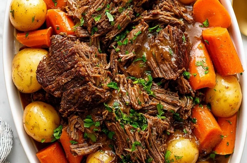 Delicious Crock Pot Chuck Roast cooking with vegetables and spices.