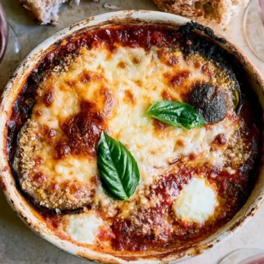 Delicious homemade Eggplant Parmesan layered with cheese and marinara sauce.