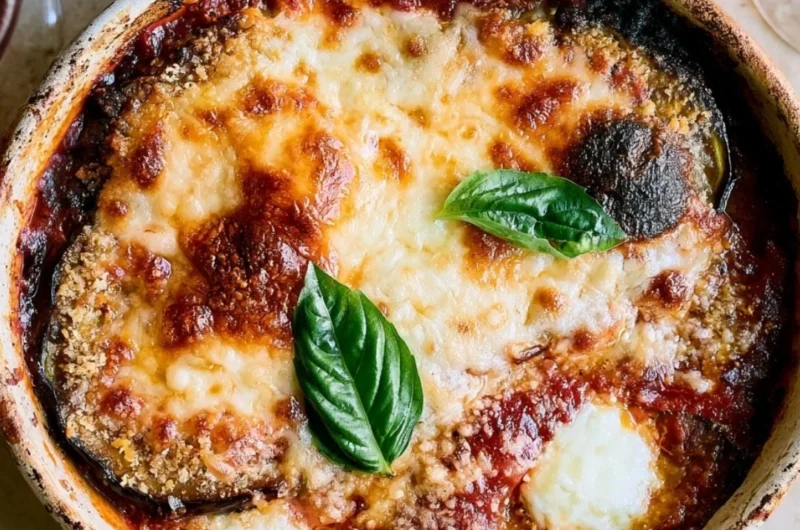 Delicious homemade Eggplant Parmesan layered with cheese and marinara sauce.