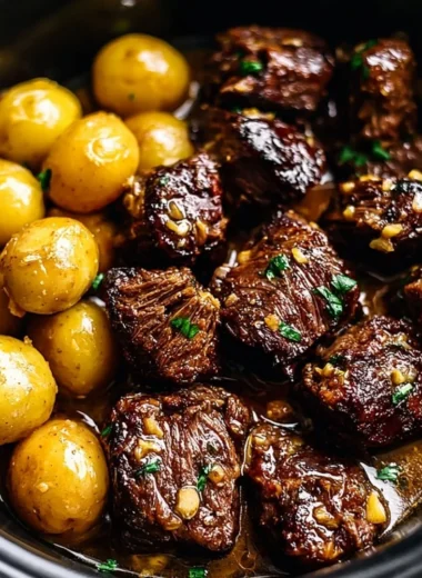 Delicious Garlic Butter Beef Bites served with potatoes in a savory dish