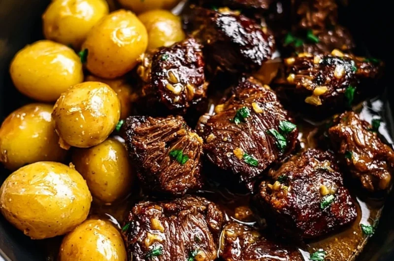 Delicious Garlic Butter Beef Bites served with potatoes in a savory dish