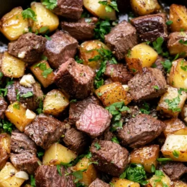 Garlic Butter Steak Bites served with crispy potatoes