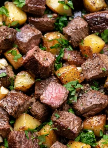 Garlic Butter Steak Bites served with crispy potatoes