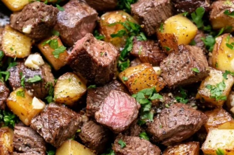 Garlic Butter Steak Bites served with crispy potatoes