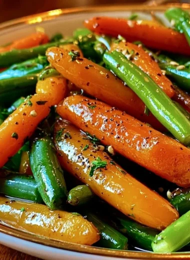 Honey glazed carrots and green beans served on a plate.