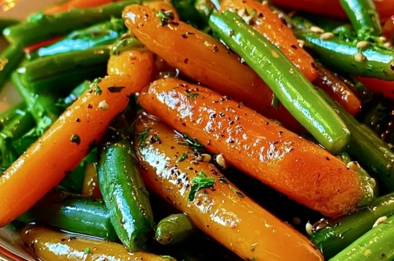 Honey glazed carrots and green beans served on a plate.