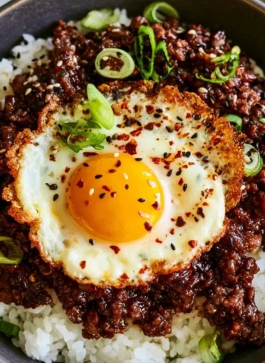 Delicious Korean Ground Beef Bowl topped with fresh vegetables and sauce