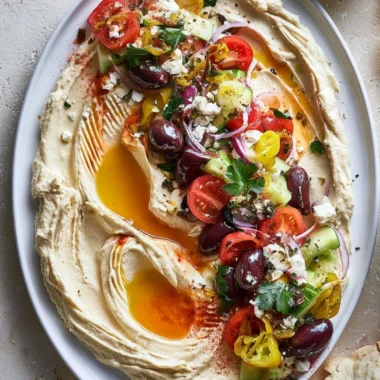 Delicious loaded Greek hummus topped with olives, feta, and veggies
