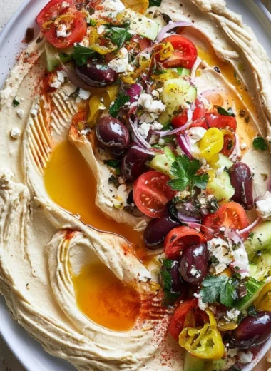 Delicious loaded Greek hummus topped with olives, feta, and veggies