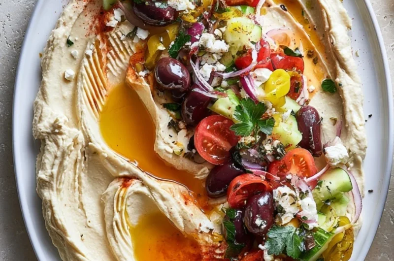 Delicious loaded Greek hummus topped with olives, feta, and veggies