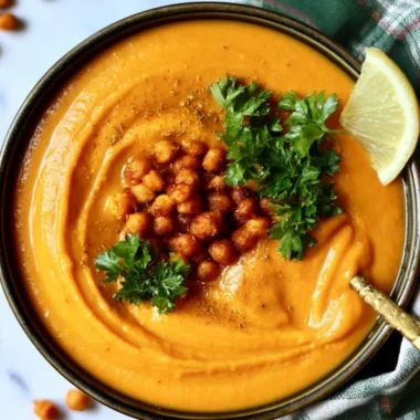 Bowl of Moroccan sweet potato and chickpea soup garnished with herbs