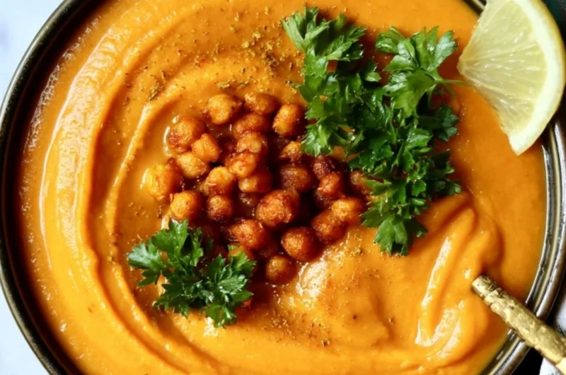 Bowl of Moroccan sweet potato and chickpea soup garnished with herbs