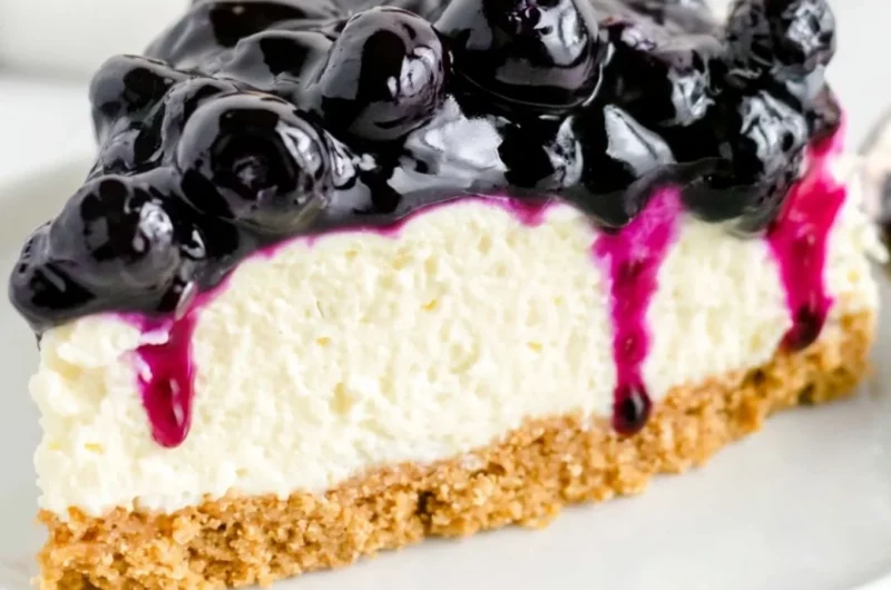 No Bake Blueberry Cheesecake topped with fresh blueberries