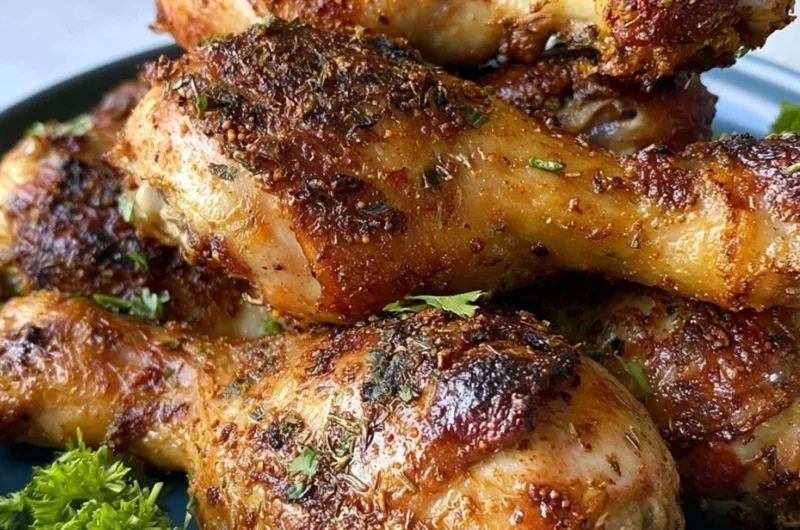 Oven roasted chicken drumsticks served with herbs and spices