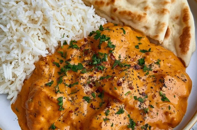 A delicious plate of homemade butter chicken served with rice and garnished with cilantro.