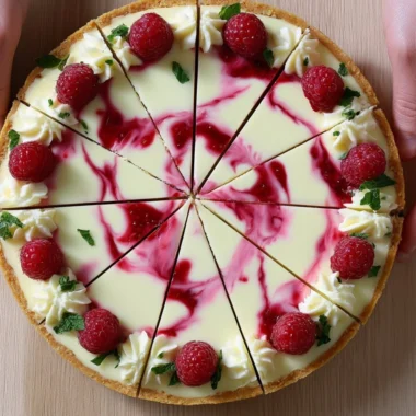Delicious Raspberry White Chocolate Cheesecake with fresh raspberries on top