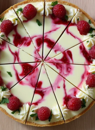 Delicious Raspberry White Chocolate Cheesecake with fresh raspberries on top