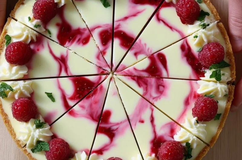 Delicious Raspberry White Chocolate Cheesecake with fresh raspberries on top