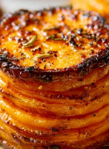 Layered sweet potato stacks with herbs and spices