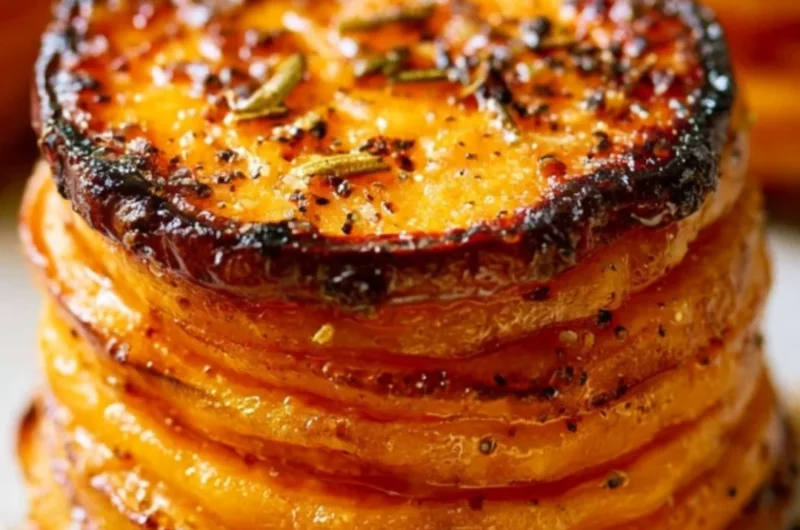 Layered sweet potato stacks with herbs and spices