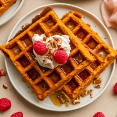 Plate of fluffy sweet potato waffles topped with maple syrup and nuts.